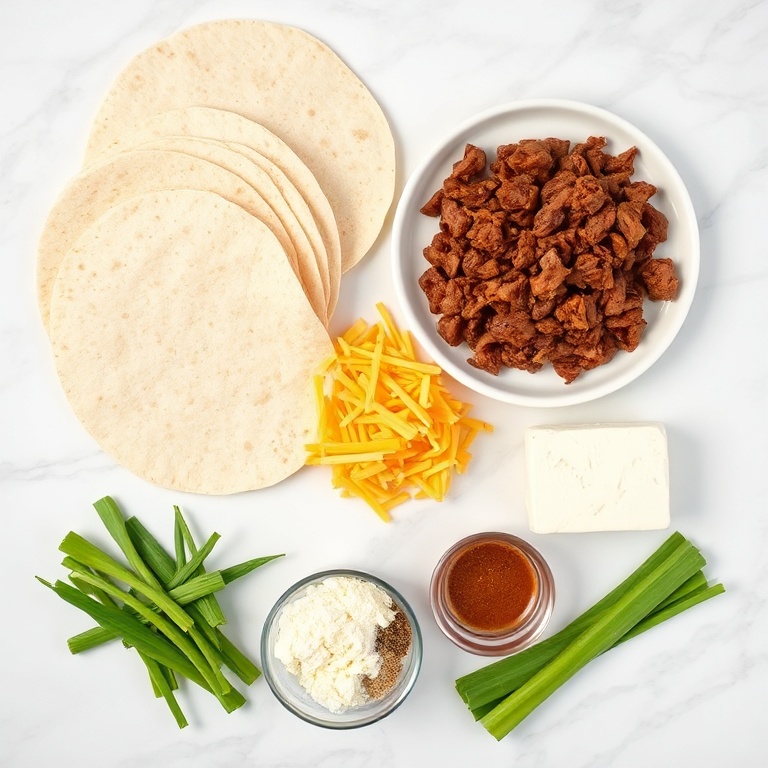 All ingredients for easy cheesy taco pinwheels arranged overhead: flour tortillas, cooked taco meat, shredded cheddar, cream cheese, and sliced green onions.