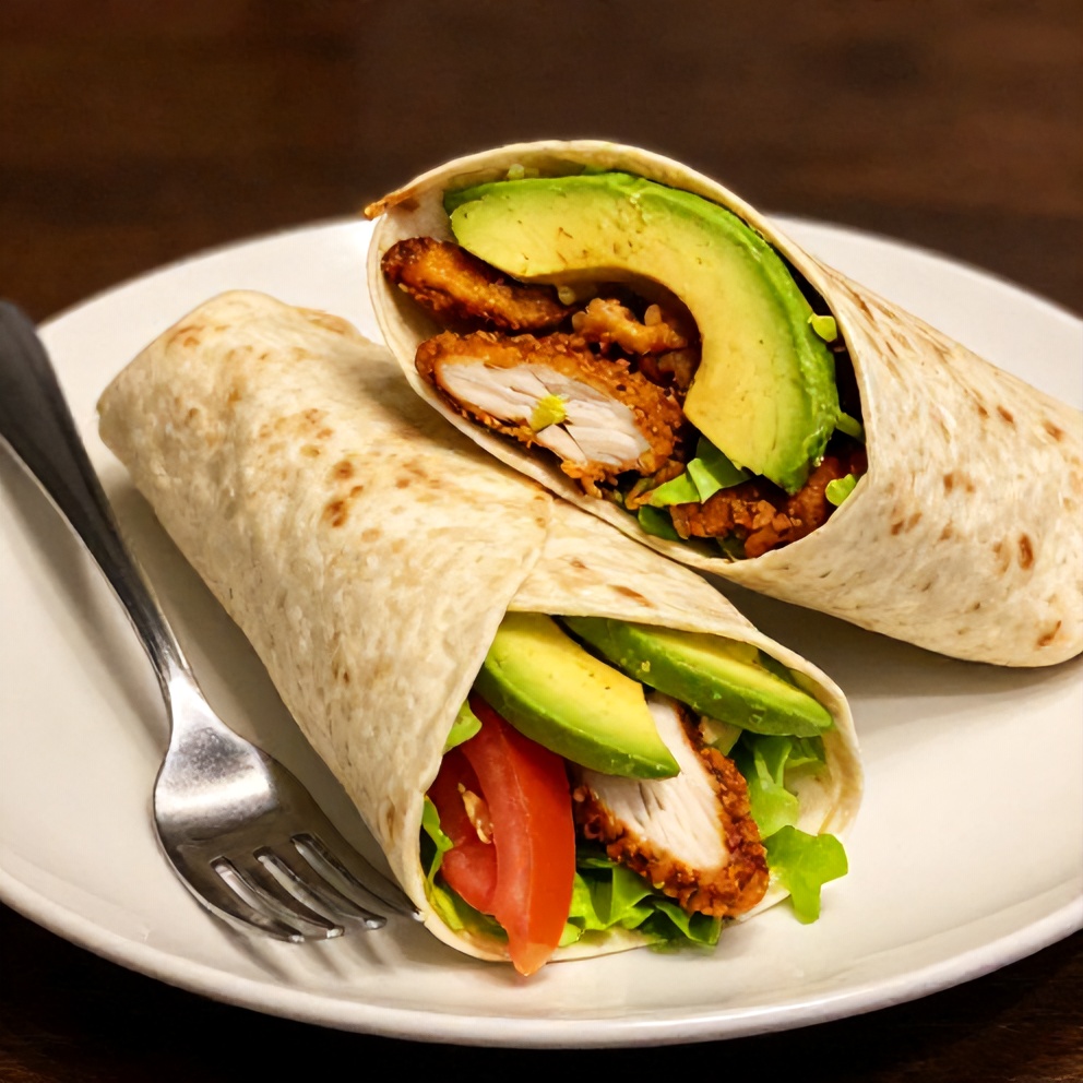Chicken Avocado Wrap on a white plate with a fork
