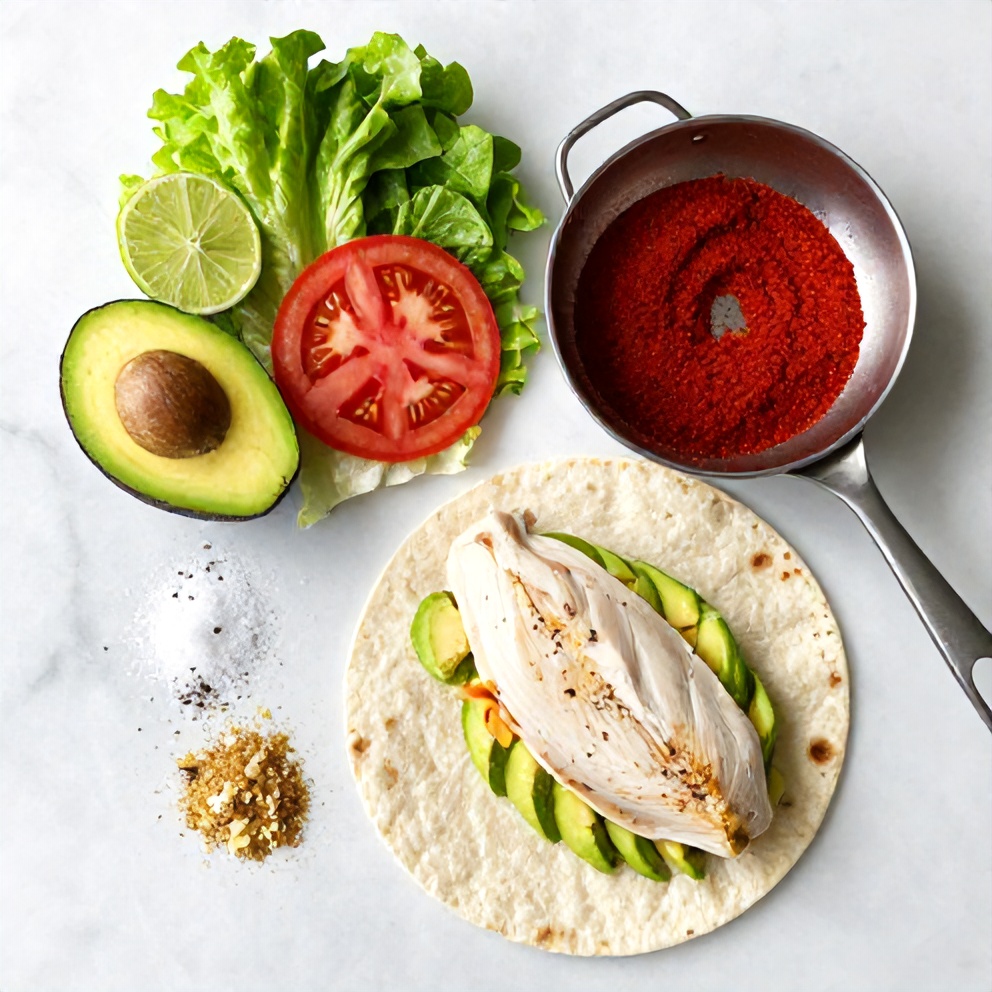 Raw ingredients for Chicken Avocado Wrap on a marble surface