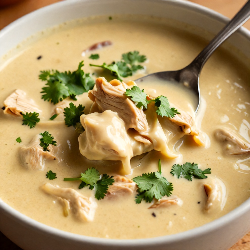 One perfect plated serving of Chicken Enchilada Soup in a bowl, garnished with fresh cilantro, with a close crop and warm side lighting showing the creamy texture.