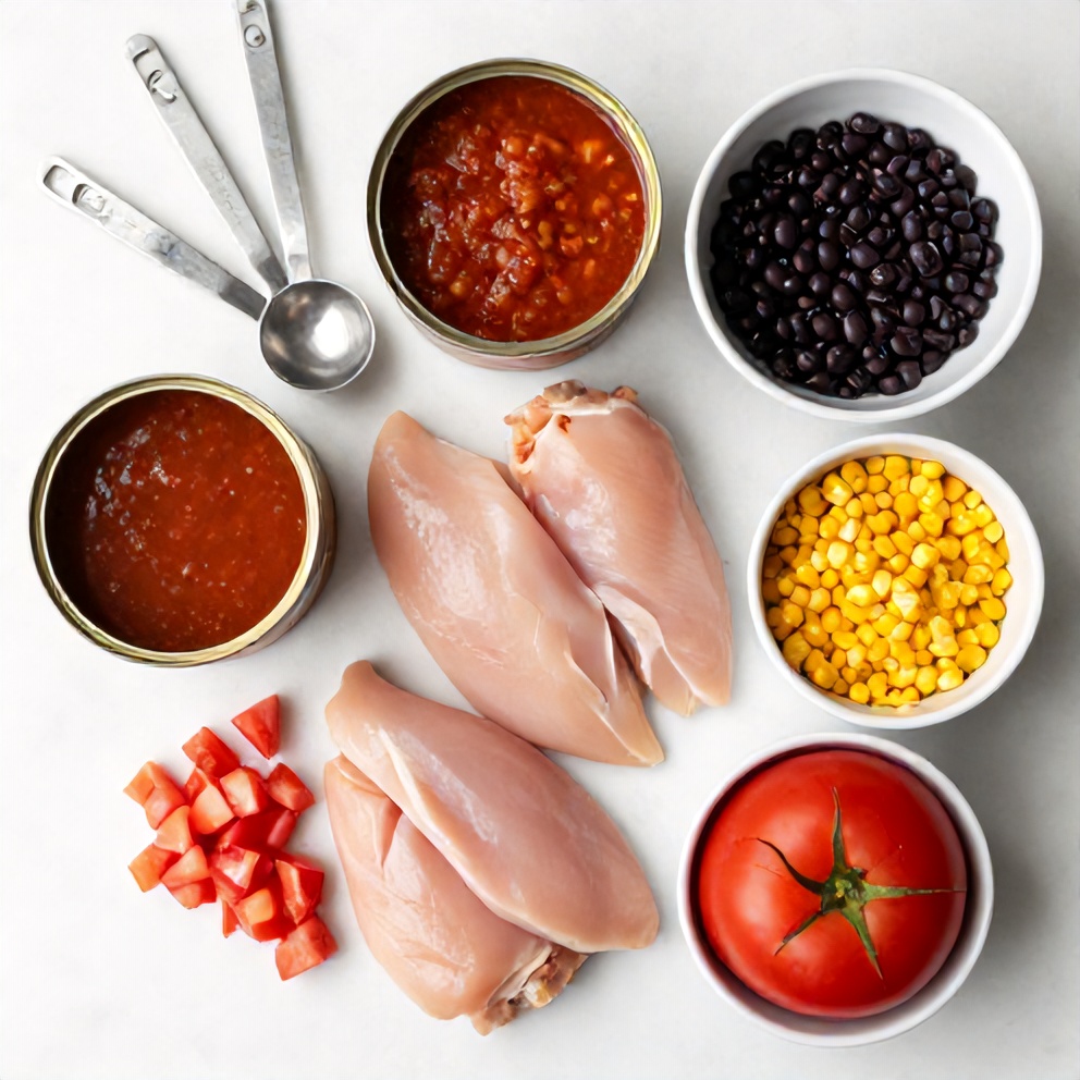 Overhead flat lay of raw ingredients for Chicken Enchilada Soup, including chicken breasts, canned enchilada sauce, black beans, corn, and diced tomatoes, with measuring spoons and bowls visible on a white marble surface under bright even light.