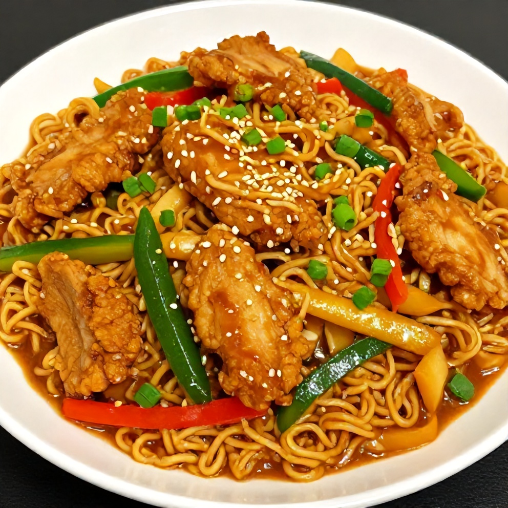 Plated Chicken Ramen Stir Fry
