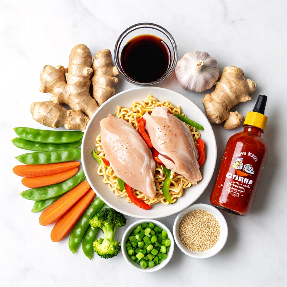Raw ingredients for Chicken Ramen Stir Fry