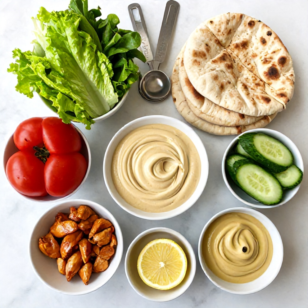 Raw ingredients for Chicken Shawarma: chicken, pita bread, lettuce, tomatoes, cucumber, tahini, lemon, garlic
