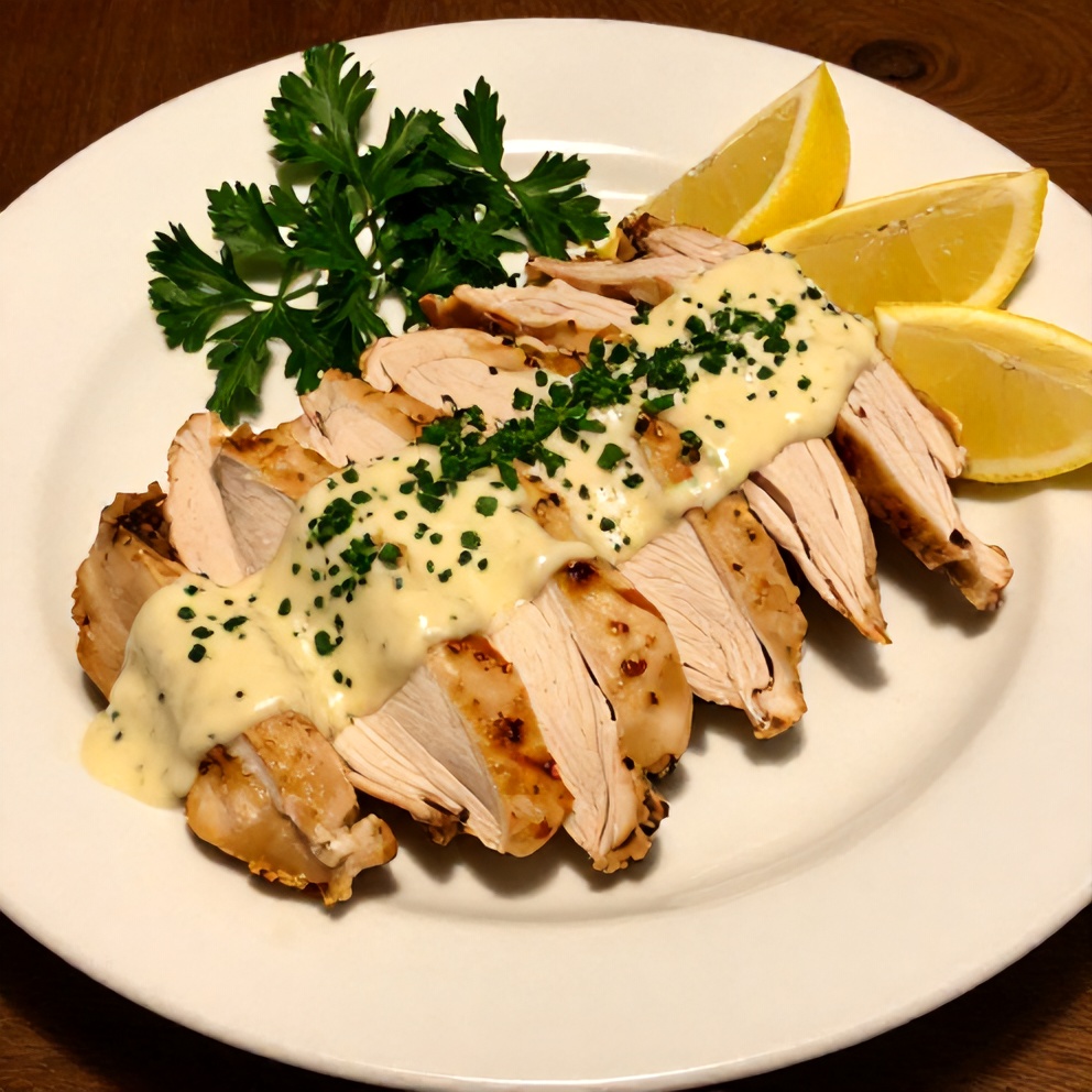 Chicken Shawarma plated with garlic sauce and garnish