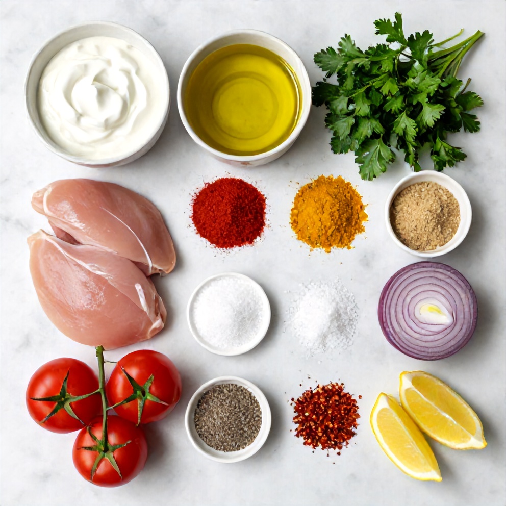 Raw ingredients for Chicken Shawarma laid out