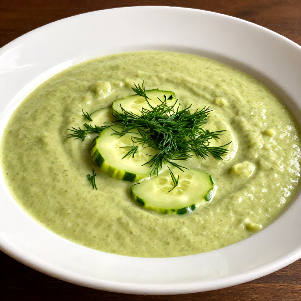Plated Cucumber Avocado Soup with Fresh Dill