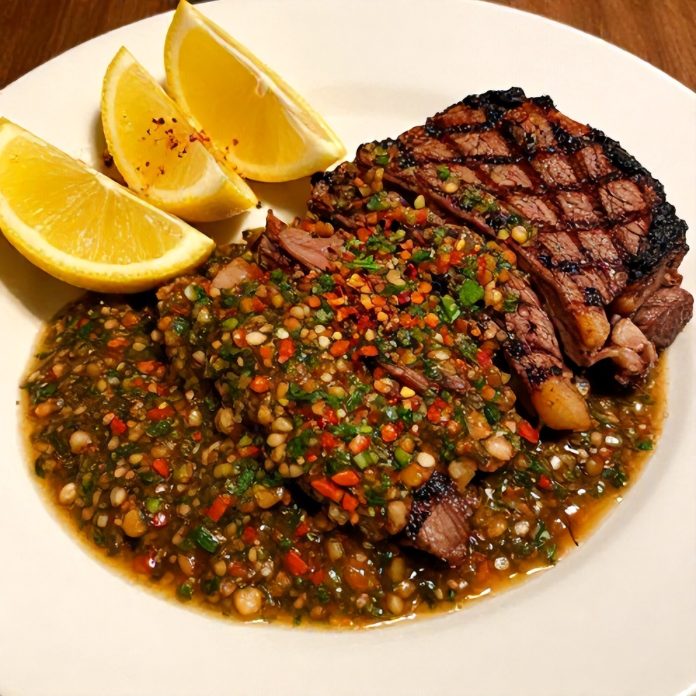 Grilled steak with chimichurri sauce and lemon wedges