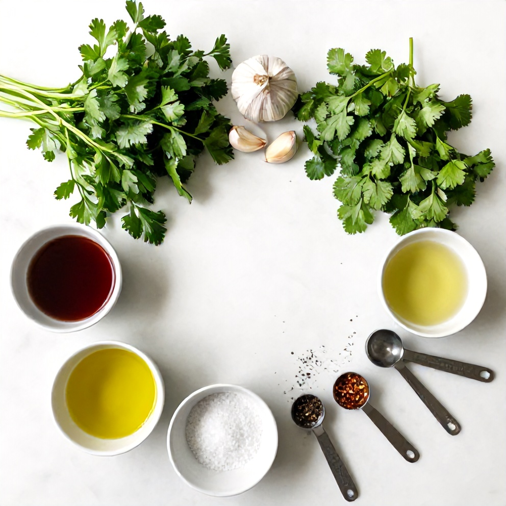 Fresh parsley, garlic, red wine vinegar, and other chimichurri ingredients