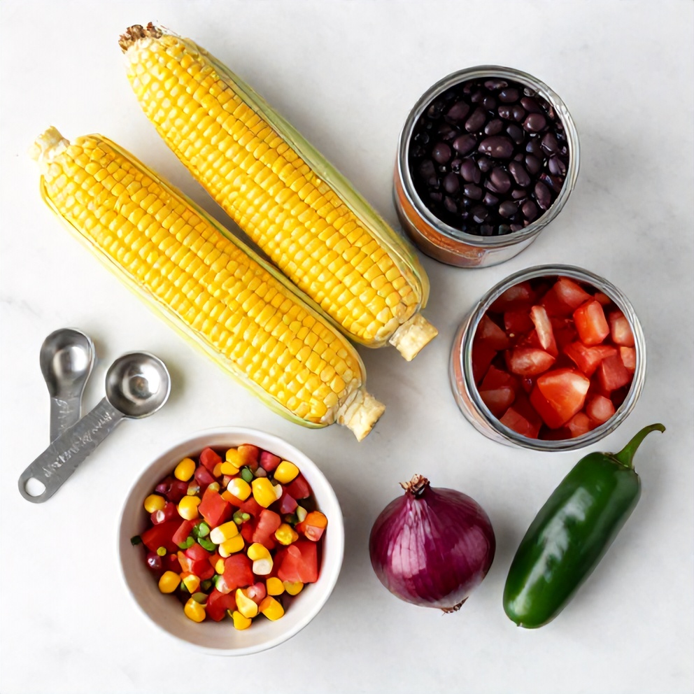 Chipotle Corn Salsa ingredients on a white marble surface