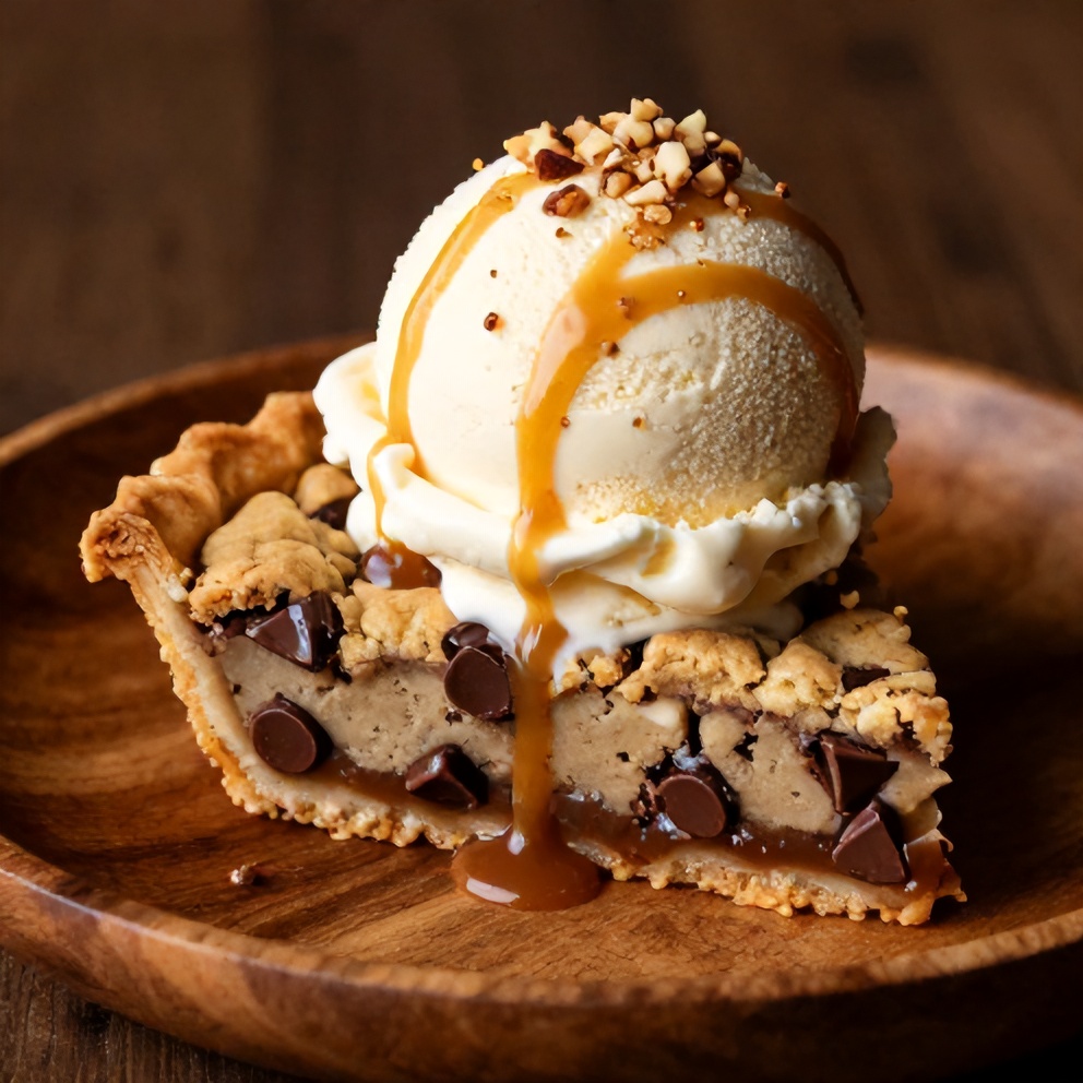 Chocolate Chip Cookie Pie on a plate with a scoop of vanilla ice cream