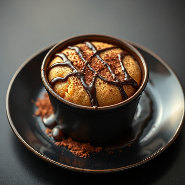 A perfect plated mug cake with a chocolate drizzle and a dusting of cocoa. The plate is dark and matches the rich color of the cake.