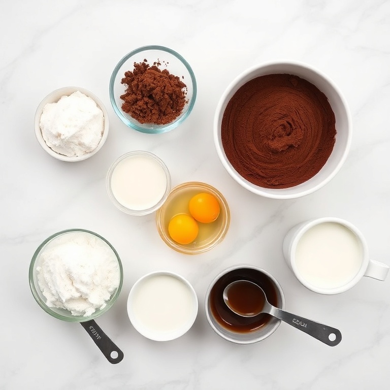 All raw ingredients for Easy Chocolate Lava Mug Cake arranged in a flat lay. Flour, sugar, cocoa powder, eggs, and milk visible.