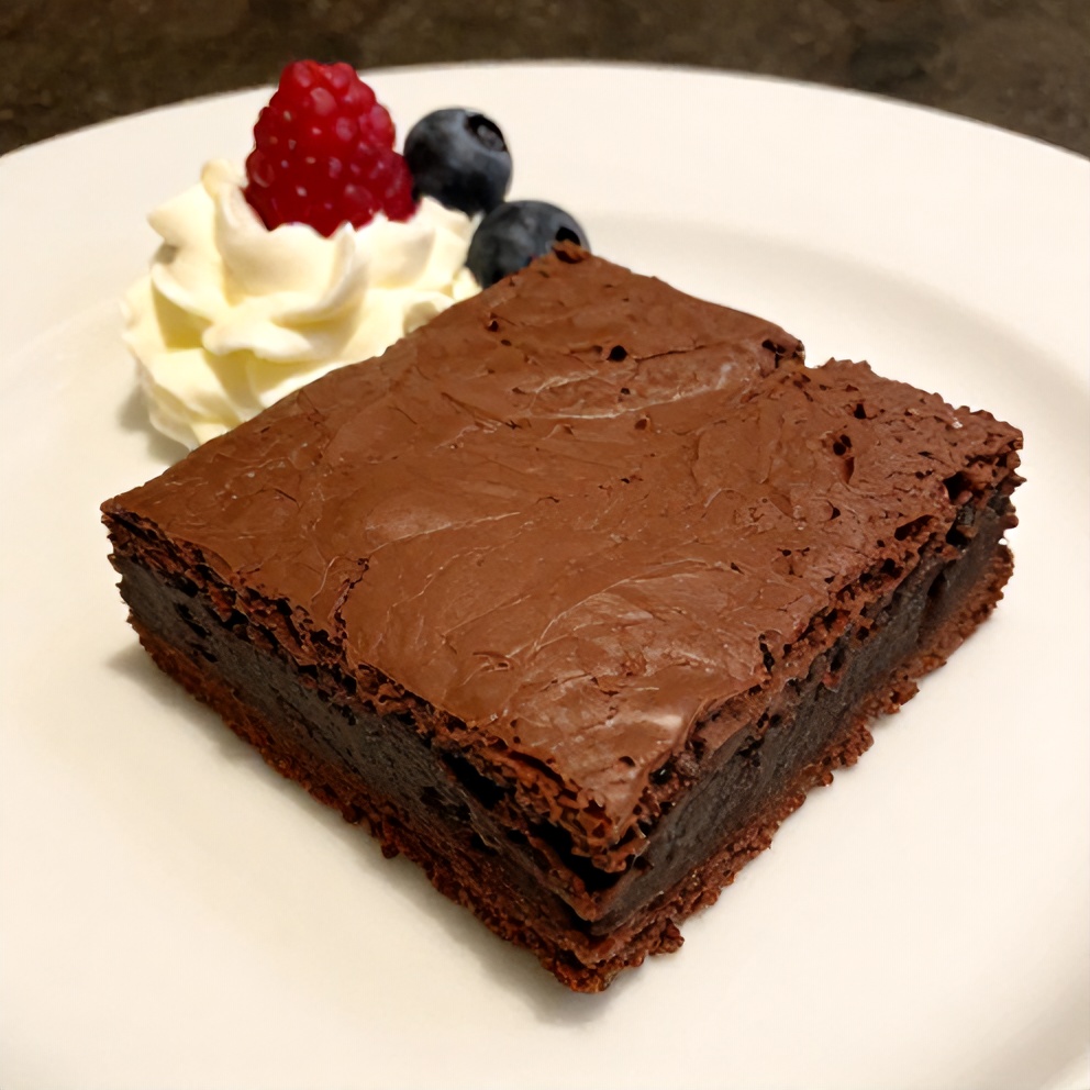Chocolate Mousse Brownies plated with a dollop of whipped cream