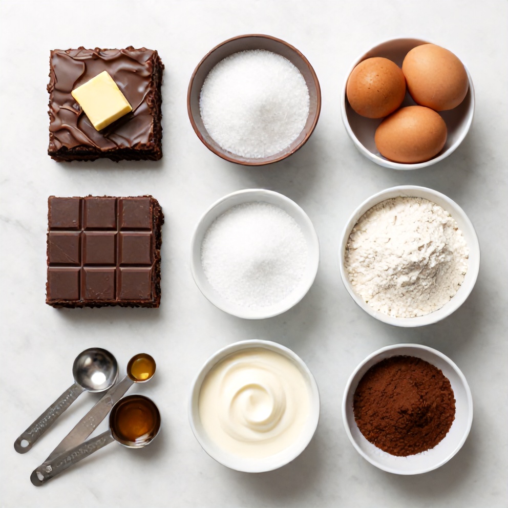 Raw ingredients for Chocolate Mousse Brownies arranged on a marble surface