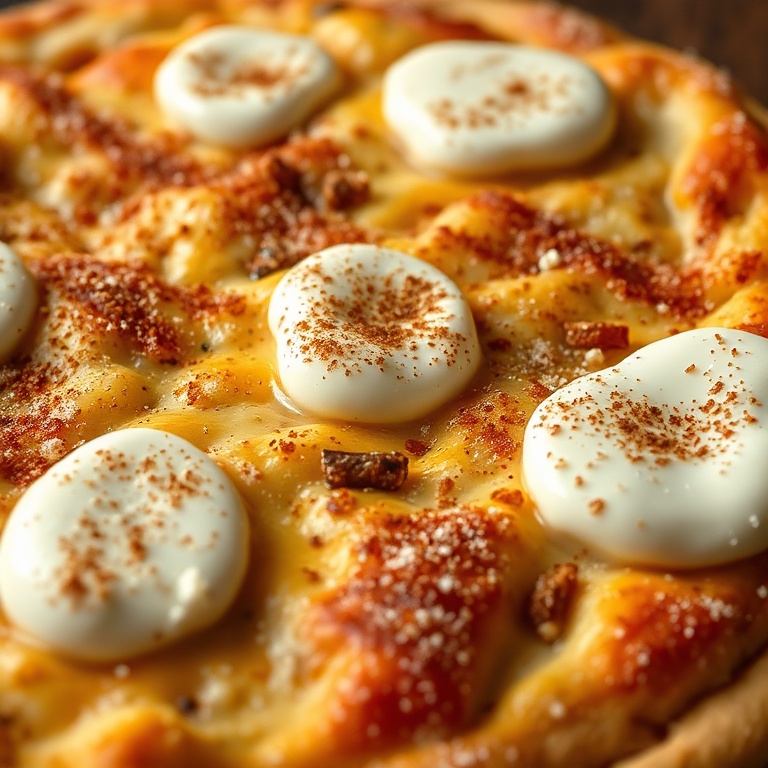 Cinnamon sugar pizza topped with cream cheese and a dusting of sugar. Golden and melty.