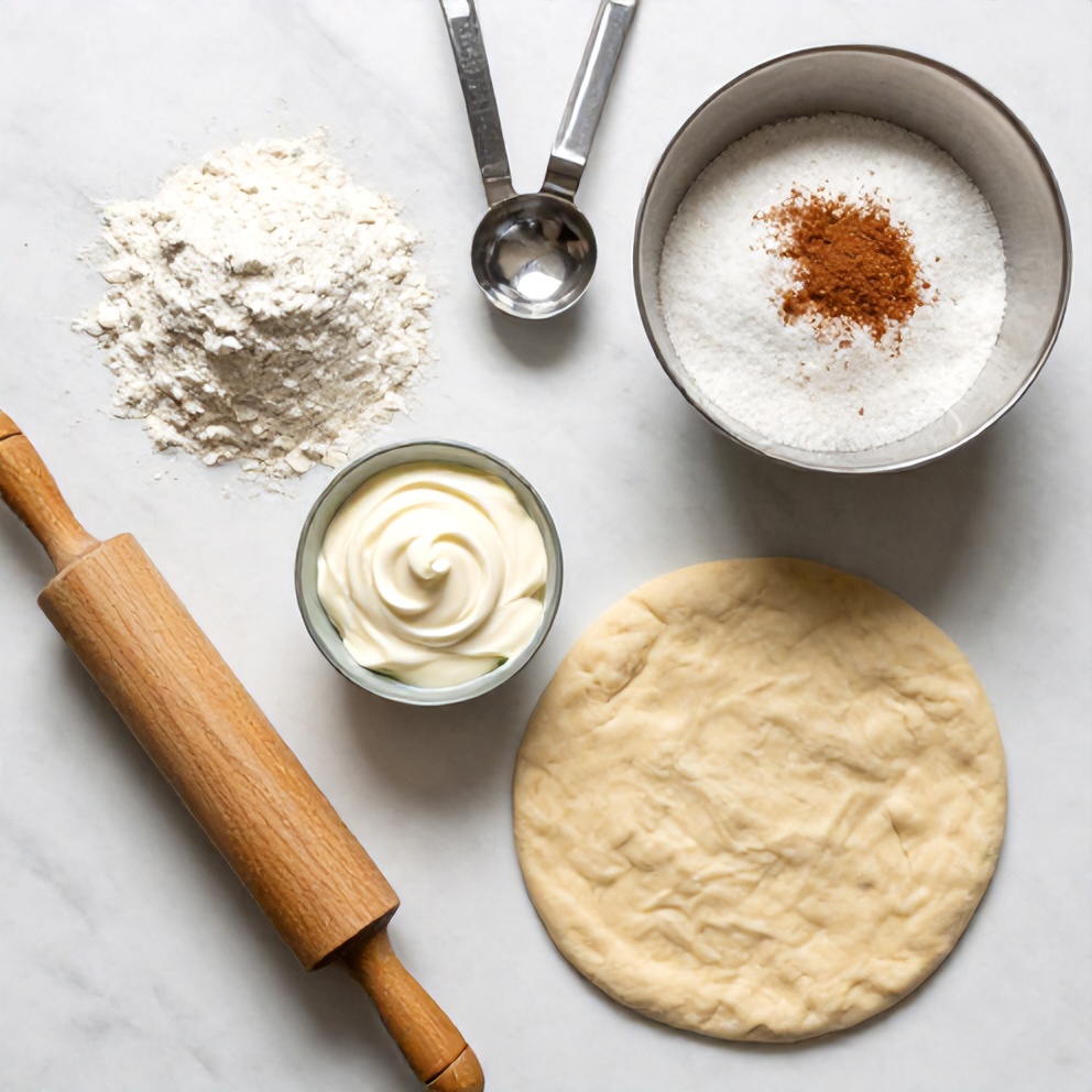 Flour, sugar, cinnamon, cream cheese, and pizza dough. Measuring spoons, mixing bowl, and rolling pin.