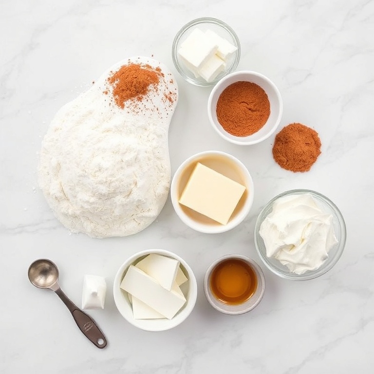 Flour, sugar, cinnamon, butter, cream cheese, and toppings arranged in a flat lay. Measuring spoons and bowls nearby.