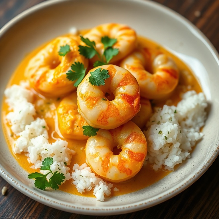 Perfectly plated coconut curry shrimp with a sprinkle of cilantro and a side of jasmine rice