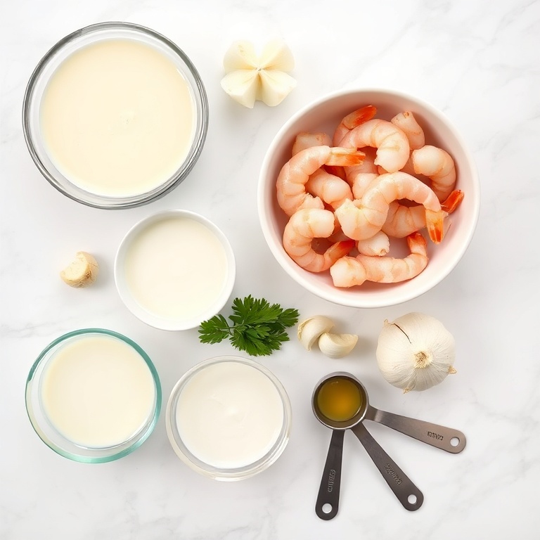 Shrimp, coconut milk, onion, garlic, ginger, and curry powder arranged in an overhead flat lay