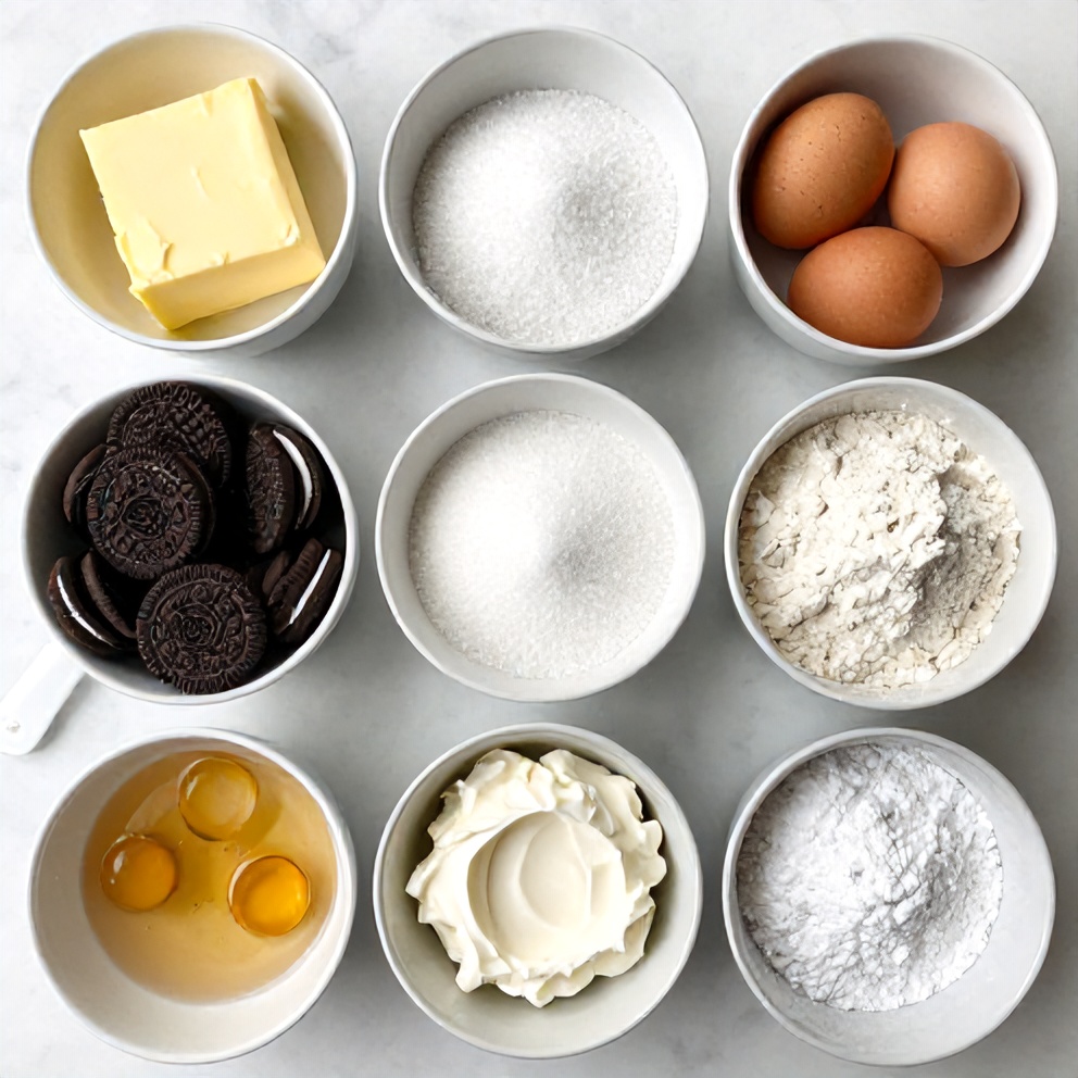 Oreo cookies, butter, sugar, eggs, flour, baking powder, vanilla extract, cream cheese, powdered sugar