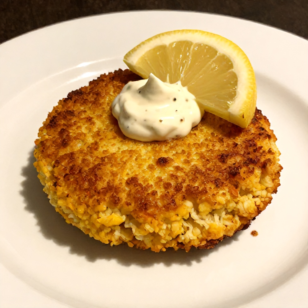 Plated cornbread stuffing crab cake with lemon wedge and tartar sauce