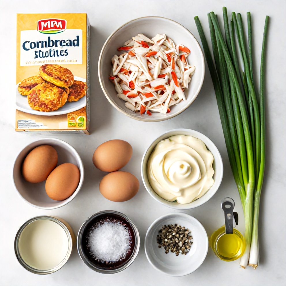Raw ingredients for cornbread stuffing crab cakes on a marble surface