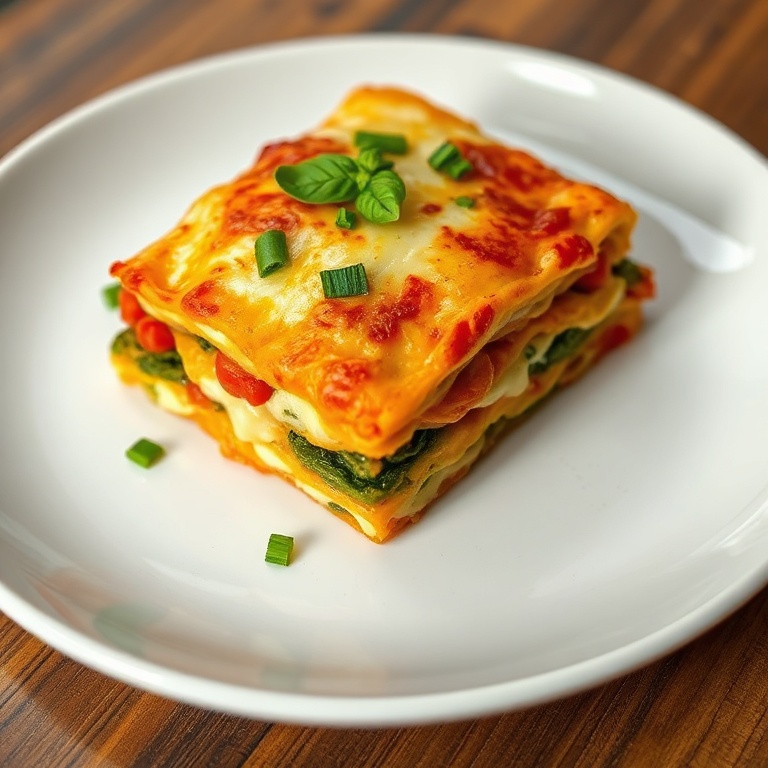 One perfect serving of easy cottage cheese vegetable lasagna garnished with fresh chopped basil on a white ceramic plate, warm light highlighting the golden cheese.