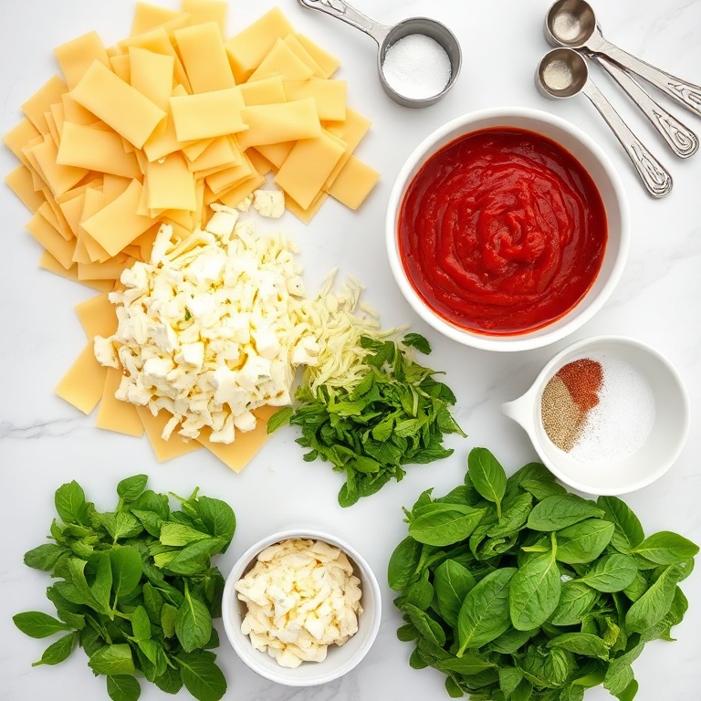 Overhead view of raw lasagna noodles, cottage cheese, zucchini, spinach, shredded mozzarella, and marinara sauce, measured out in prep bowls on a white marble surface.