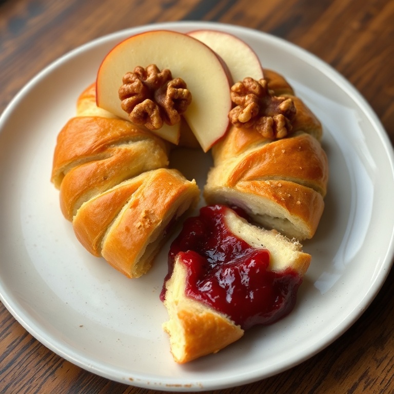A single slice of the brie crescent ring. The crust is golden, the brie is melty, and the cranberry sauce is visible. Sliced apples and walnuts点缀 the plate.