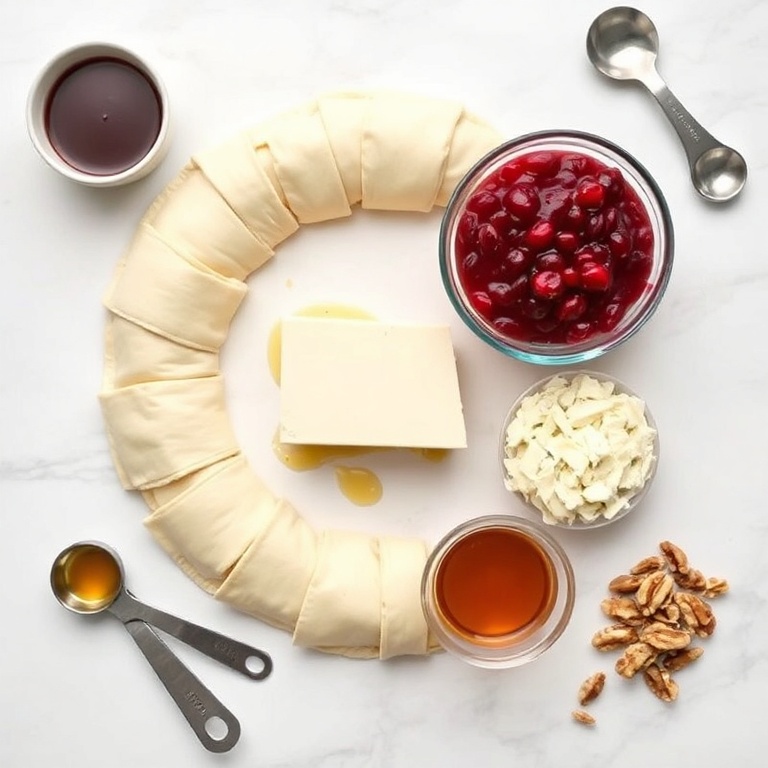 Raw ingredients for an easy cranberry brie crescent ring. Cranberry sauce, brie cheese, crescent dough, honey, and walnuts arranged in a flat lay. Measuring spoons and bowls visible.