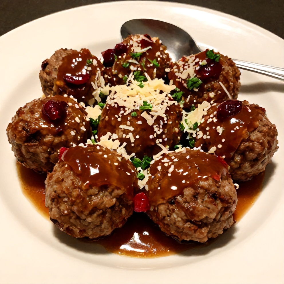 Plated Serving of Sweet and Tangy Cranberry Meatballs