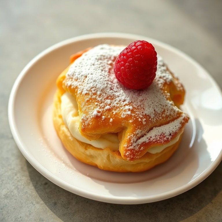 One perfectly plated Easy Cream Cheese Raspberry Puff Pastry Cruffin with a dusting of powdered sugar and a fresh raspberry on top.