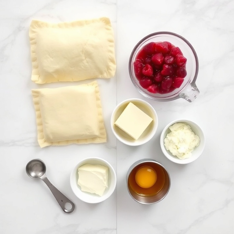 Raw ingredients for Easy Cream Cheese Raspberry Puff Pastry Cruffins arranged in a flat lay. Puff pastry, cream cheese, fresh raspberries, and butter are the most visible items.