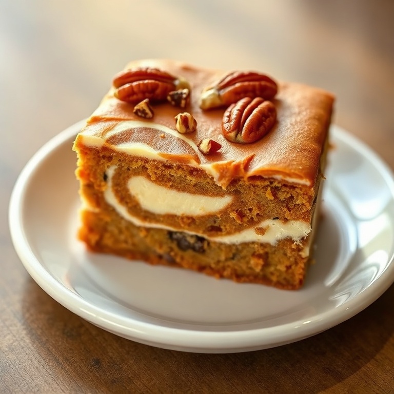 One square serving of carrot cake bar on a small white plate, topped with a swirl of cream cheese and garnished with chopped pecans.