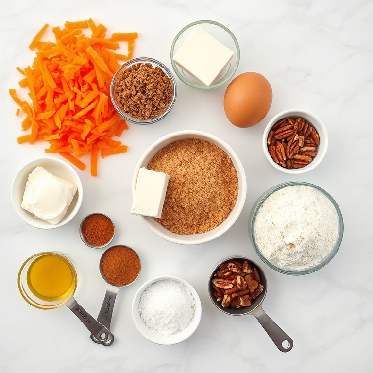 Overhead photo showing fresh carrots, cream cheese, eggs, brown sugar, and flour as the main ingredients for carrot cake bars on a white marble counter.