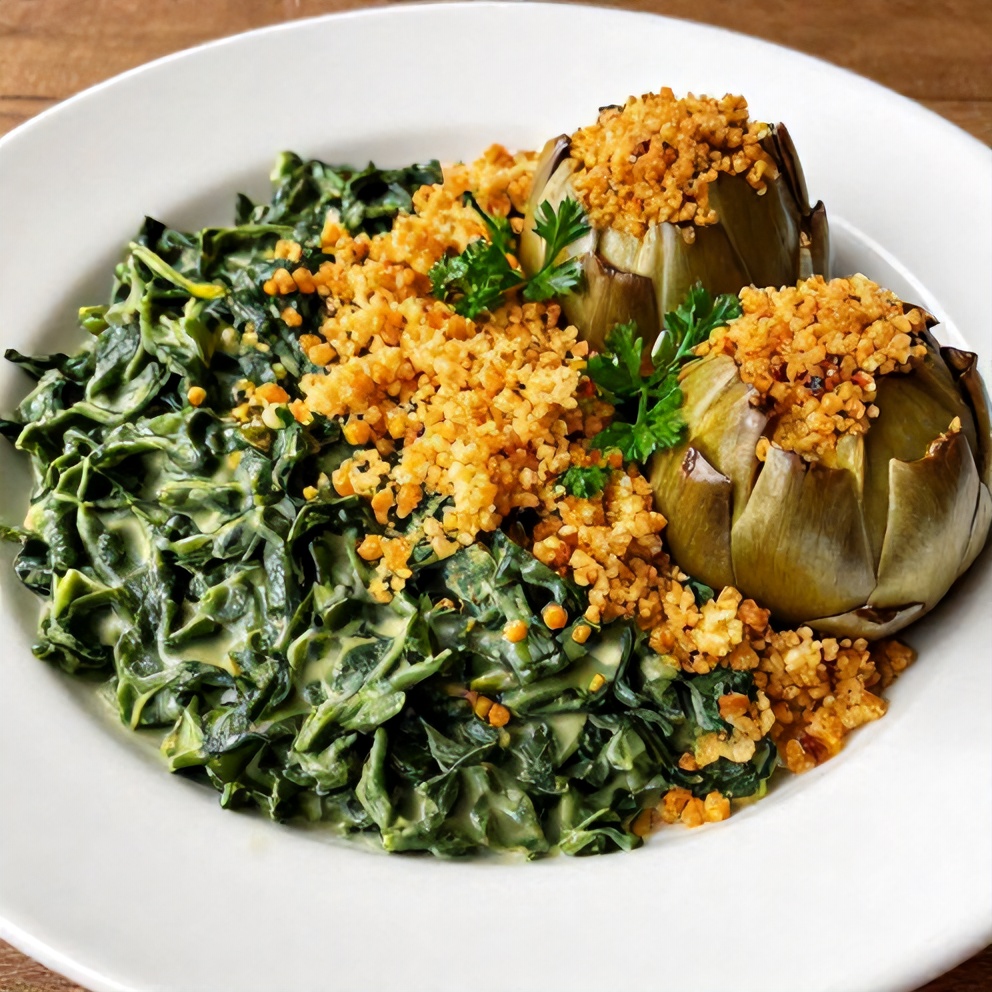 Plated serving of creamed spinach and artichokes with golden breadcrumbs, garnished with fresh parsley
