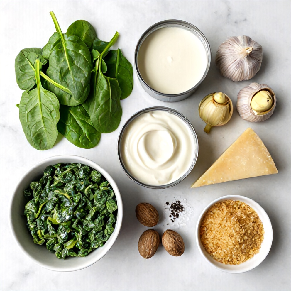 Raw ingredients for creamed spinach and artichokes arranged in a flat lay, including spinach, artichoke hearts, cream, garlic, and Parmesan cheese