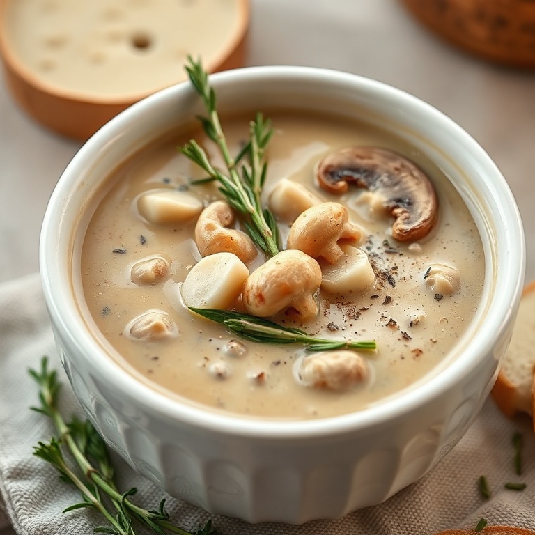 One serving of creamy cottage cheese mushroom soup, garnished with fresh thyme, in a white soup bowl. Close warm shot.