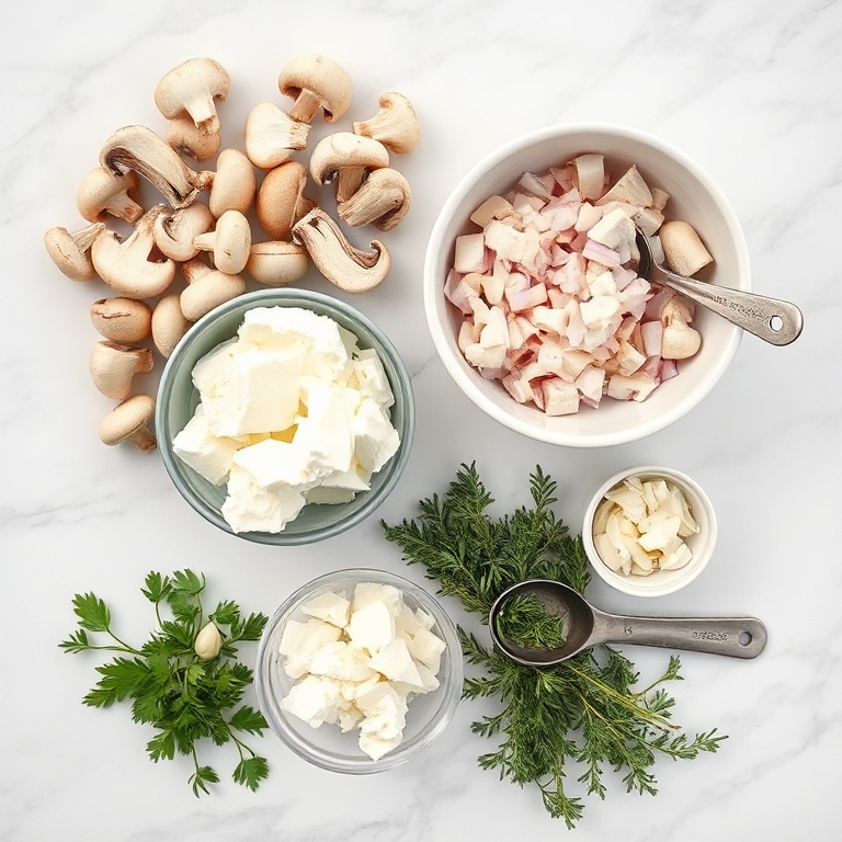 Overhead shot of raw mushrooms, cottage cheese, onion, garlic, and fresh thyme in prep bowls on light wood, with measuring spoons.