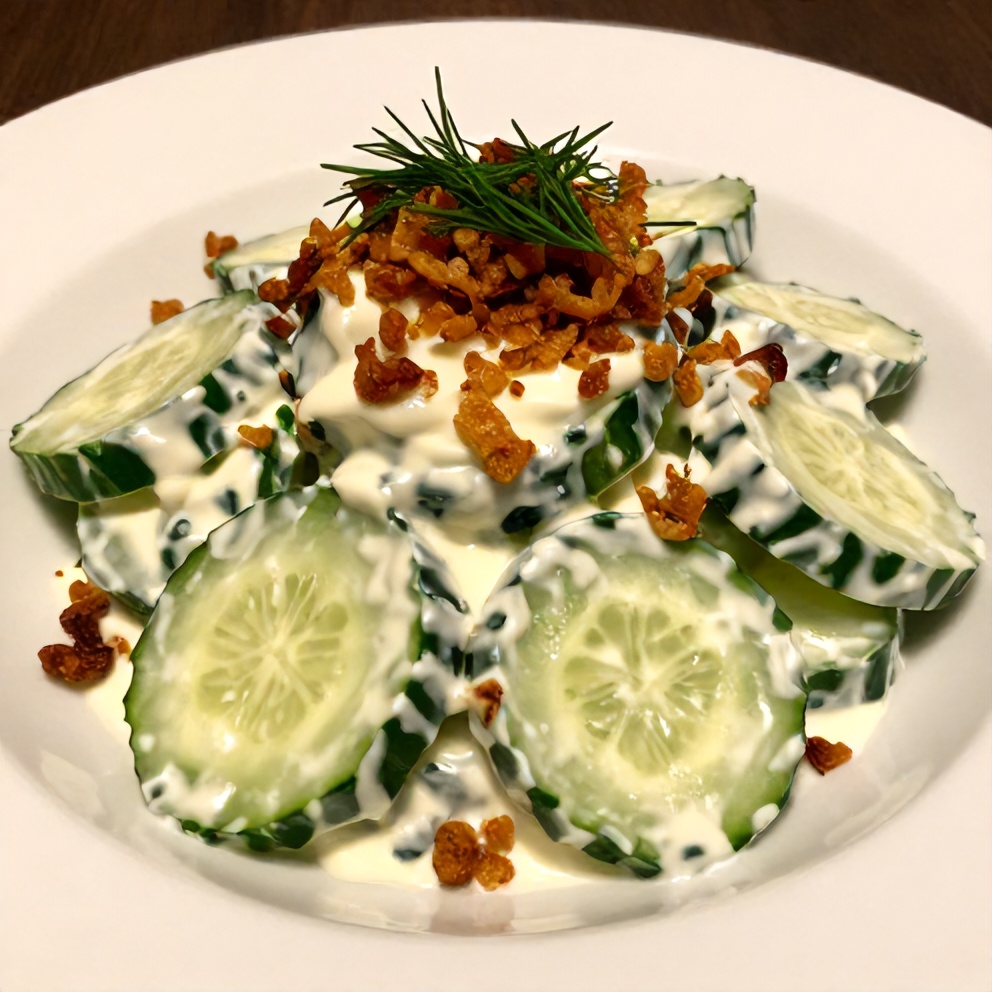 Plated creamy cucumber salad with crispy onions and fresh dill