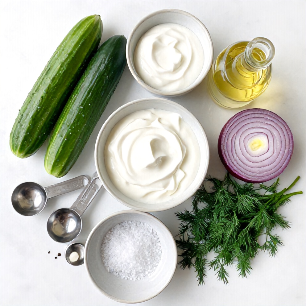 Cucumber, sour cream, red onion, dill, and lemon on a wooden surface