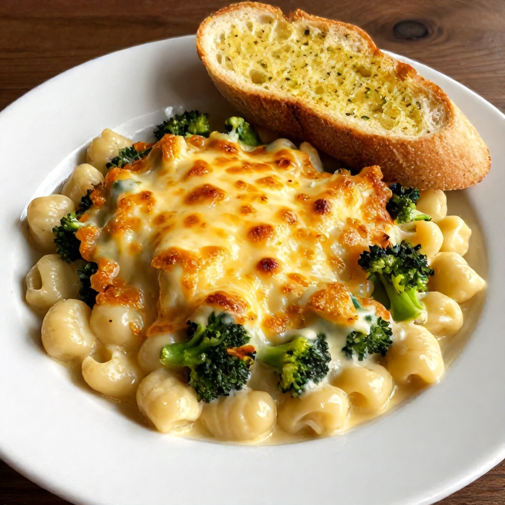 Creamy Gnocchi Broccoli Bake served on a plate with a side of garlic bread