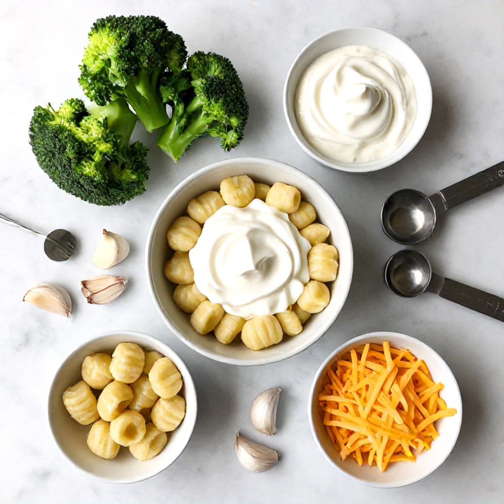 Gnocchi, broccoli, garlic, heavy cream, and cheese for creamy gnocchi broccoli bake