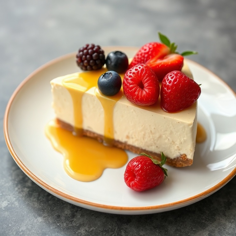 A perfectly plated slice of creamy protein cheesecake. Topped with fresh berries and a drizzle of honey.