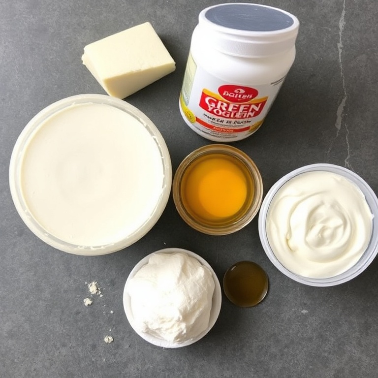 Raw ingredients for creamy protein cheesecake. Cream cheese, Greek yogurt, protein powder, eggs, and a hint of vanilla.