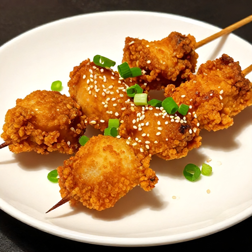 Plated bang bang chicken skewers with spicy dipping sauce