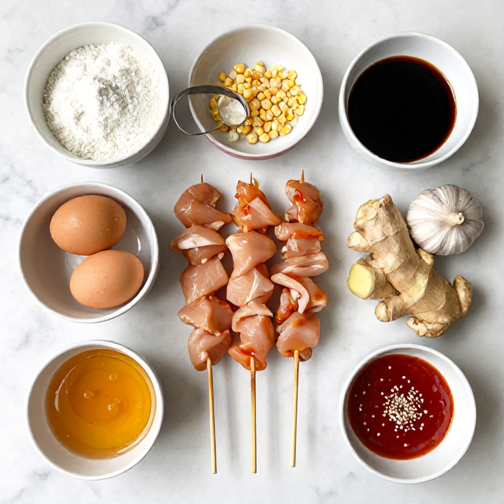 Raw ingredients for bang bang chicken skewers on a white marble surface