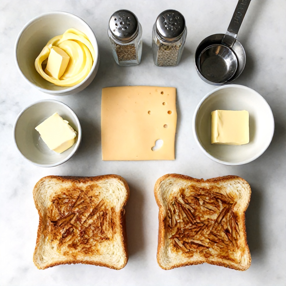 Bread, cheese, butter, and other ingredients for grilled cheese