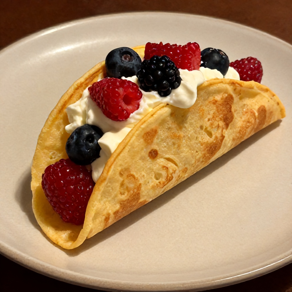 Pancake taco with whipped cream and berries